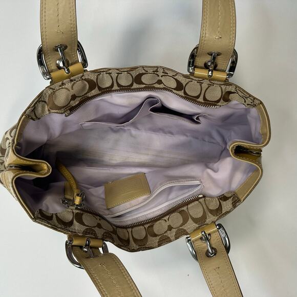 Vintage Y2K Coach Monogram Tan Canvas and Patent Leather Shoulder Bag - Picture 9 of 12